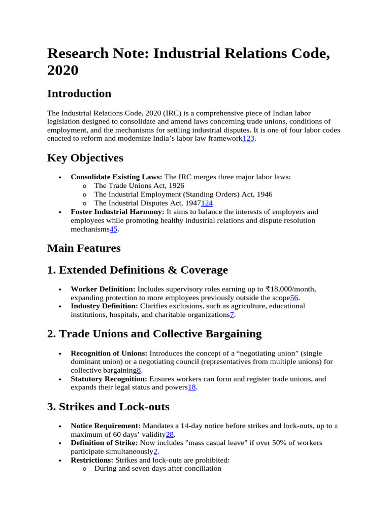 Overview of Industrial Relations Code 2020 | PDF | Strike Action ...