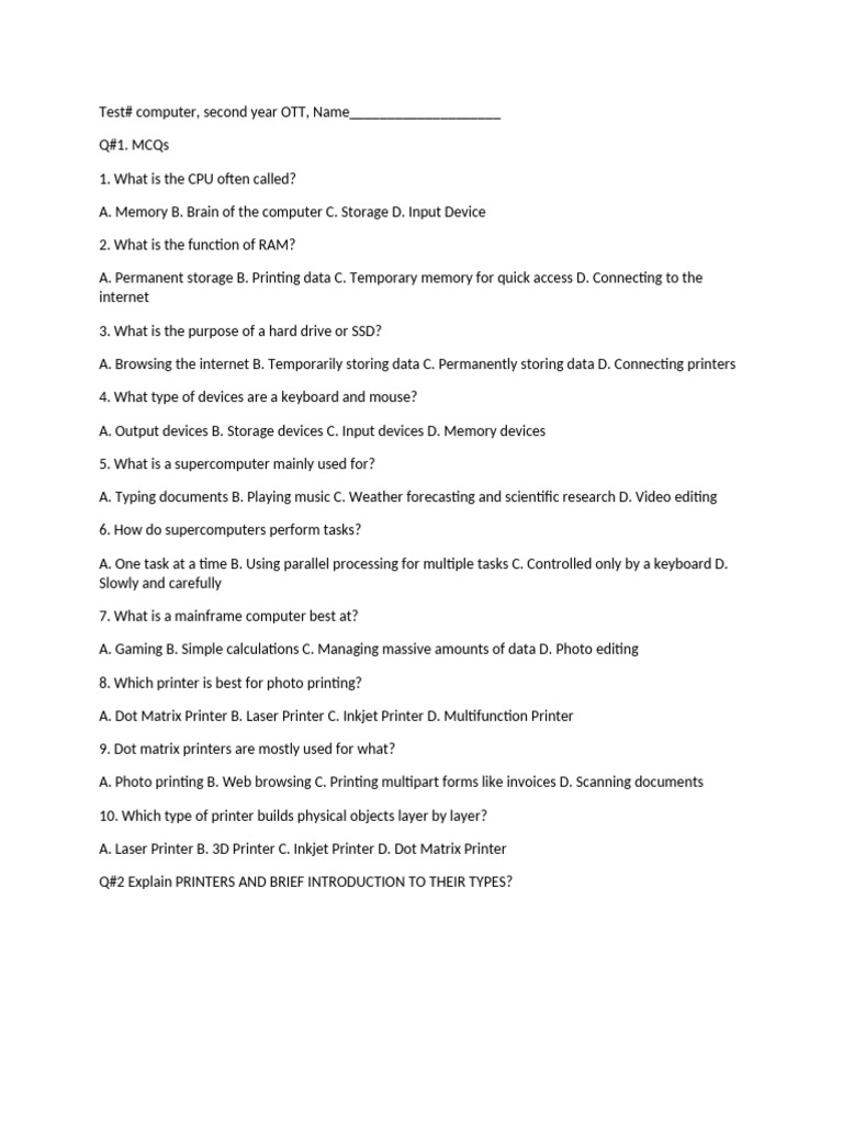 Computer Basics MCQs and Printers Guide | PDF