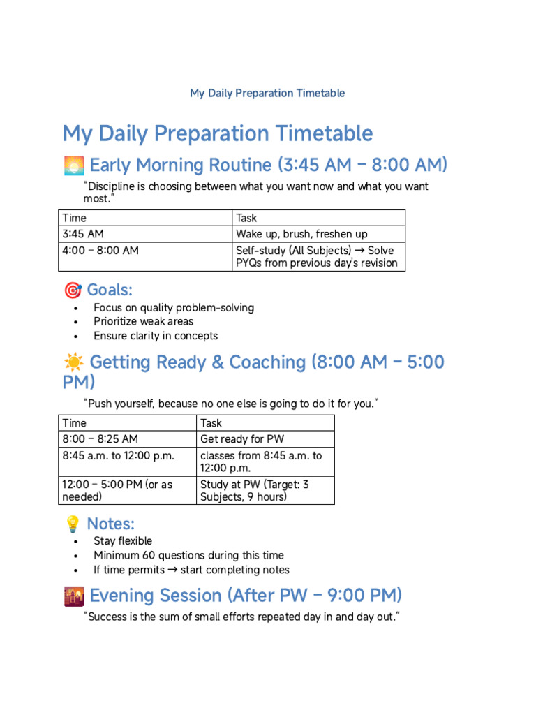 Daily Study Preparation Schedule | PDF