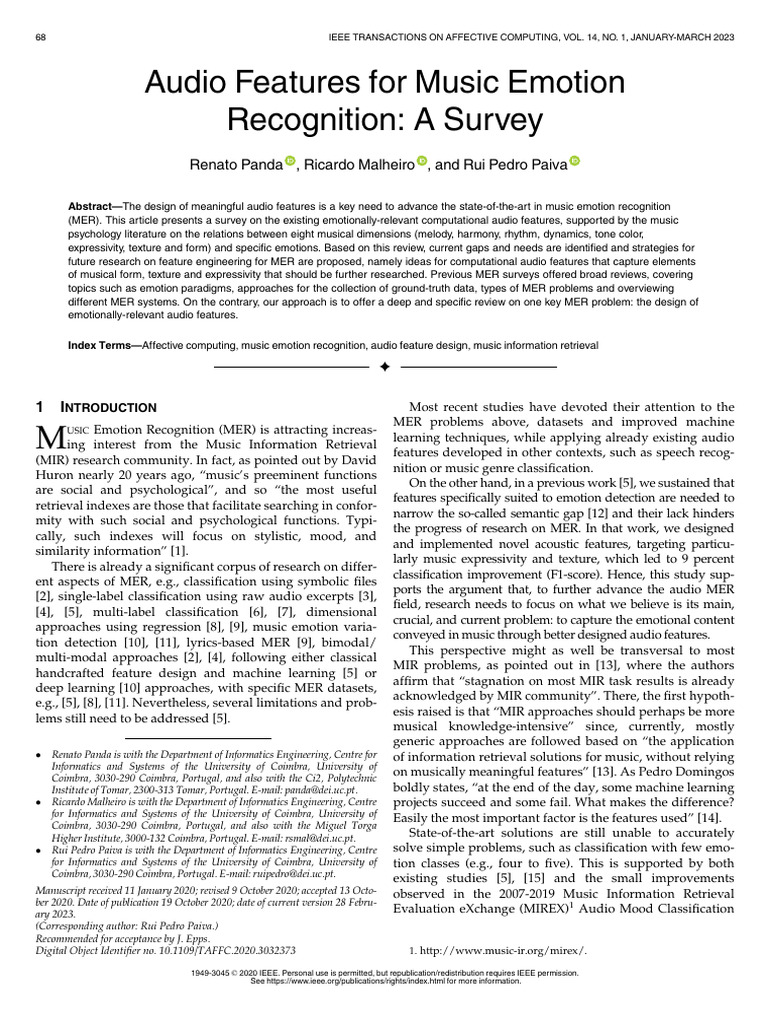 Audio Features for Music Emotion Recognition | PDF | Harmony | Emotions
