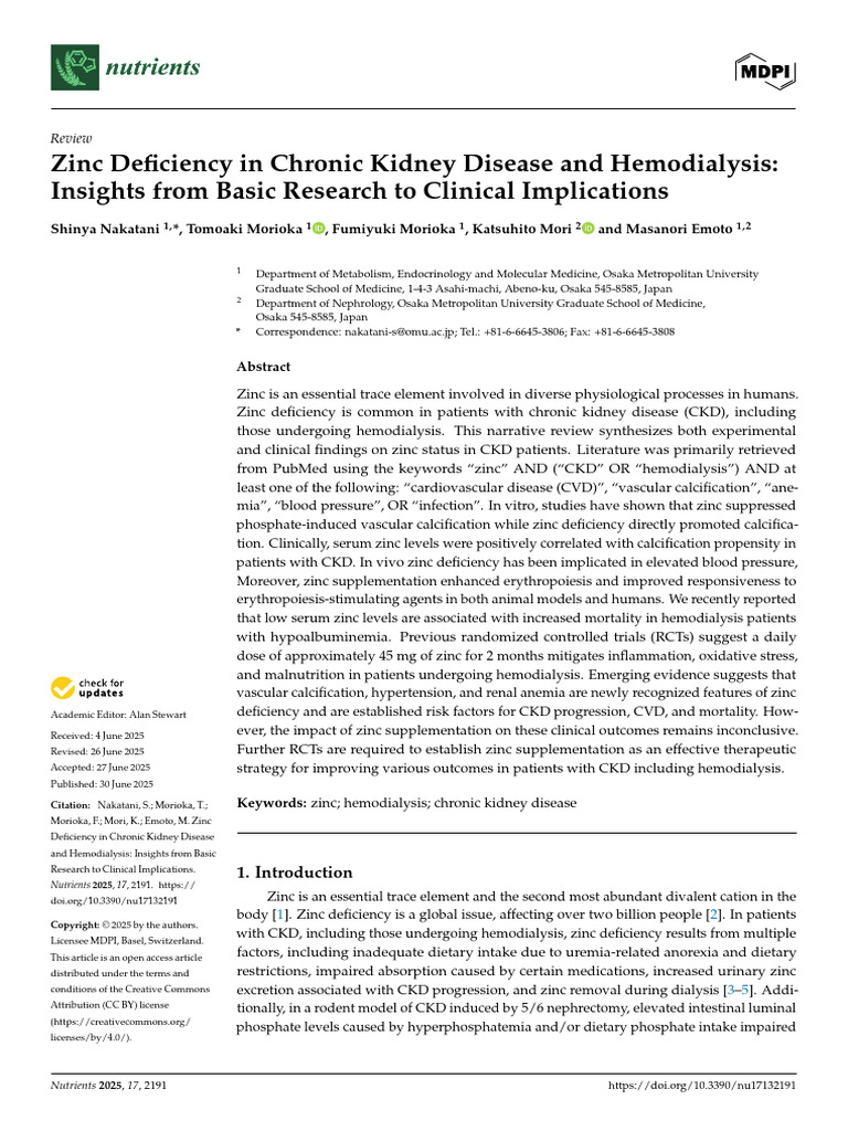 Zinc Deficiency in Chronic Kidney Disease and Hemodialysis Insights ...