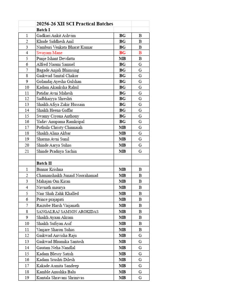 XII SCI Practical Batch List | PDF