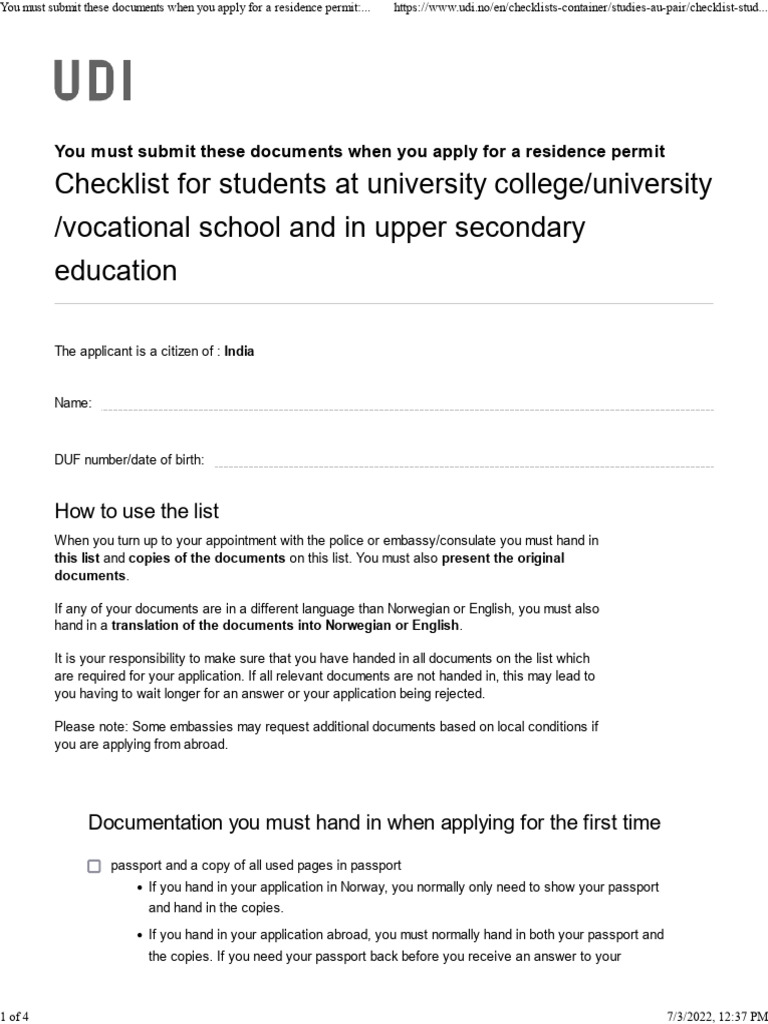 Checklist For Students at University College/university /vocational ...