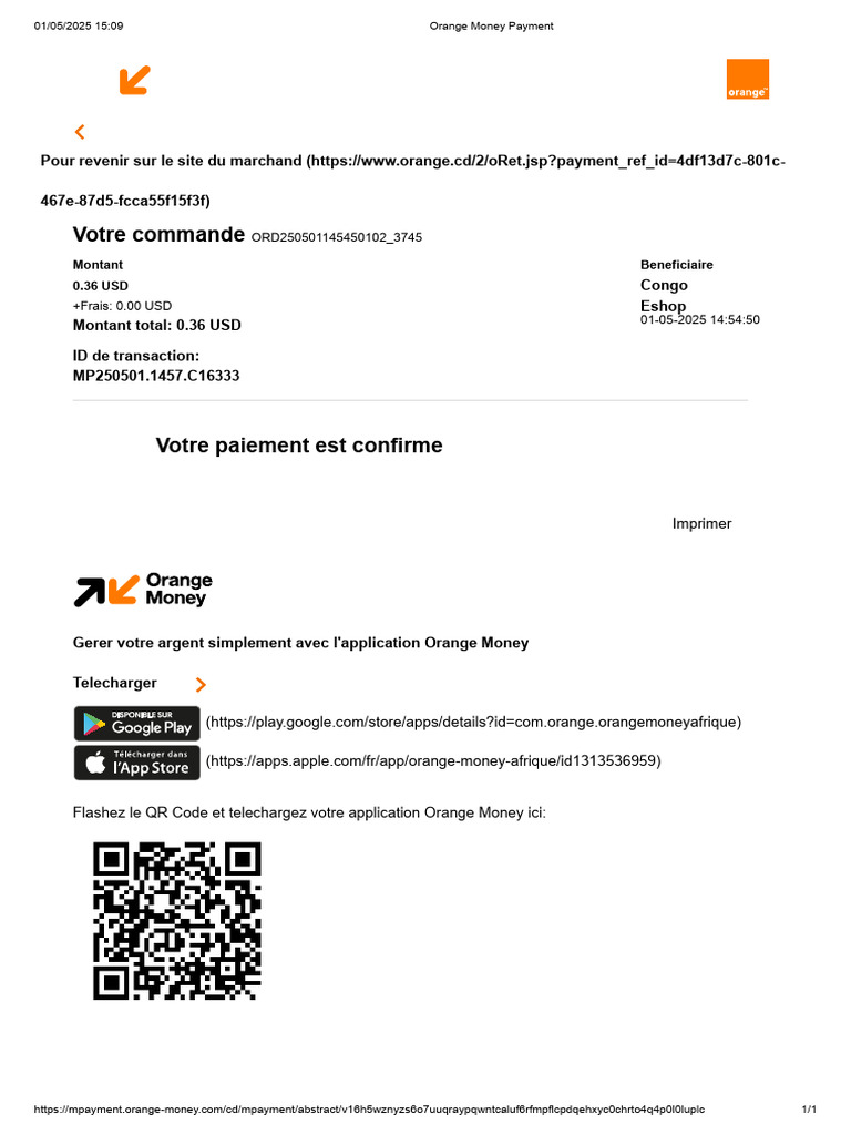 Paiement confirmé avec Orange Money | PDF