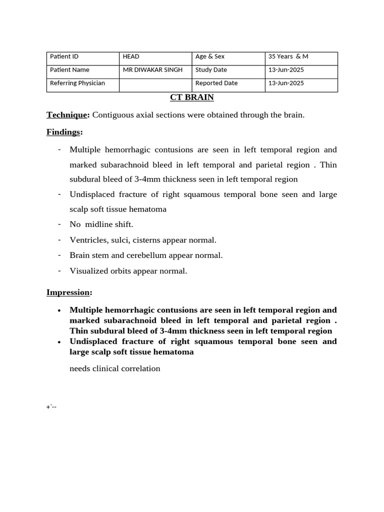 CT Brain Report: Hemorrhagic Contusions | PDF