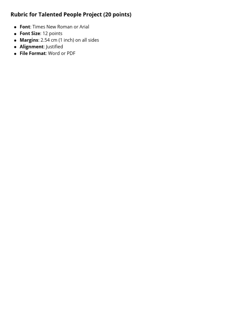 Rubric For Talented People Project (20 Points) | PDF