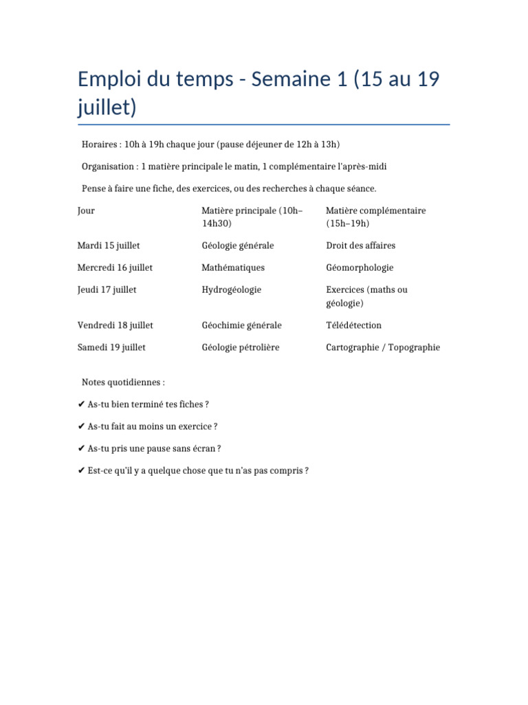 Emploi du temps Semaine 1 : Cours et Matières | PDF