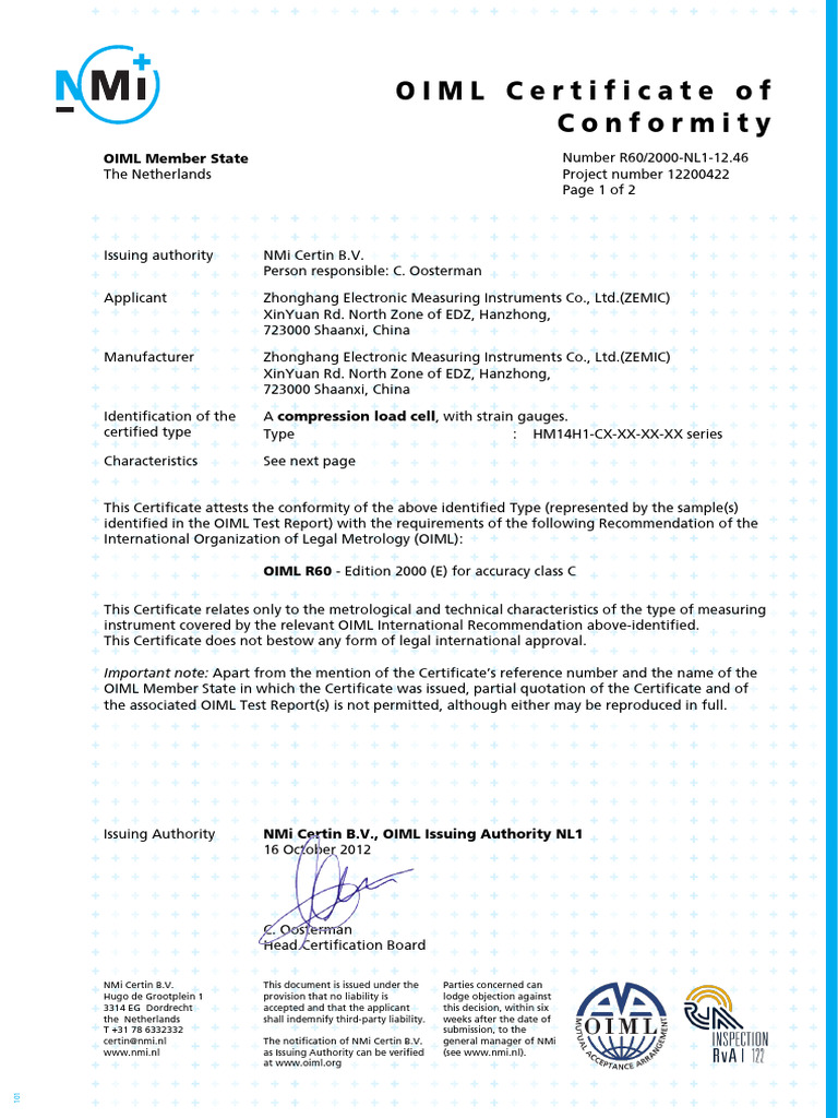 Load Cell Sertificate HM14H1 R60 2000 NL1 12.46 | PDF | Electrical ...