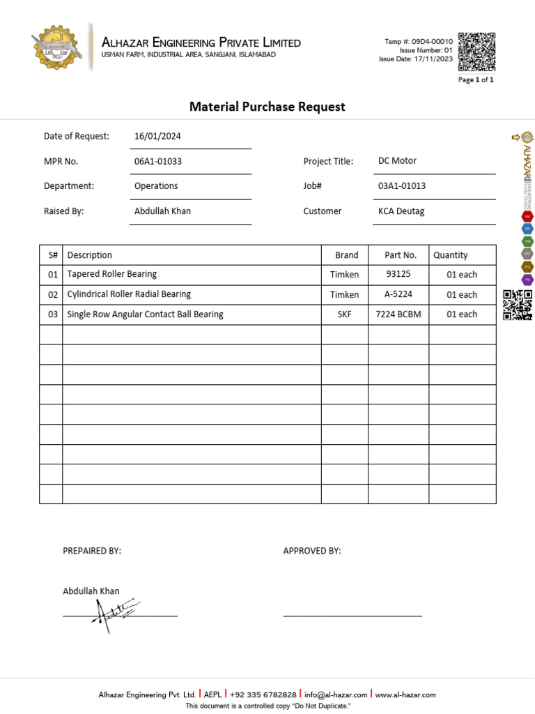 Material Purchase Request for DC Motor | PDF
