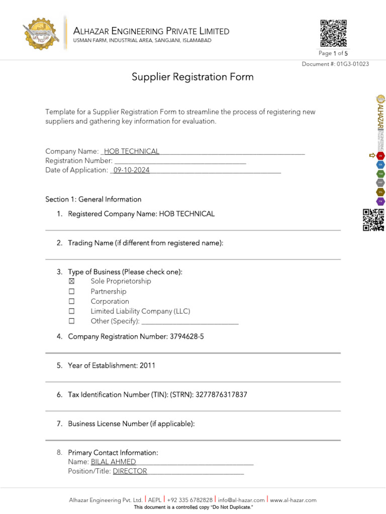 Supplier Registration Form Template | PDF | Business