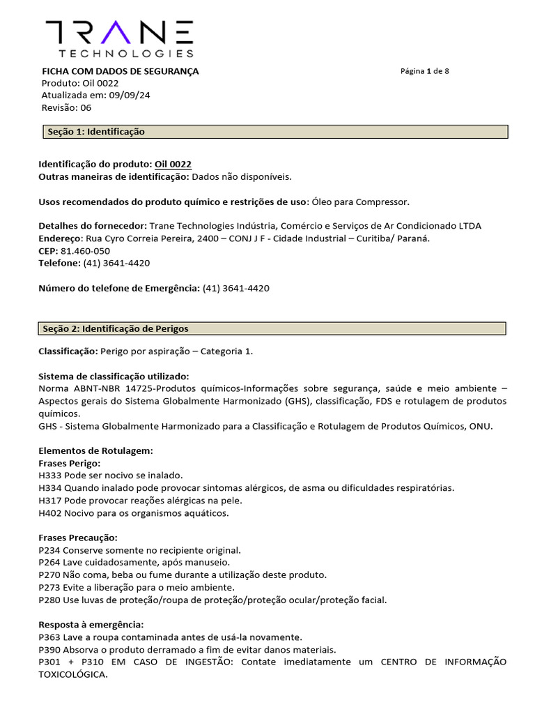 Ficha de Segurança do Produto Oil 0022 | PDF | Combustão | Desperdício