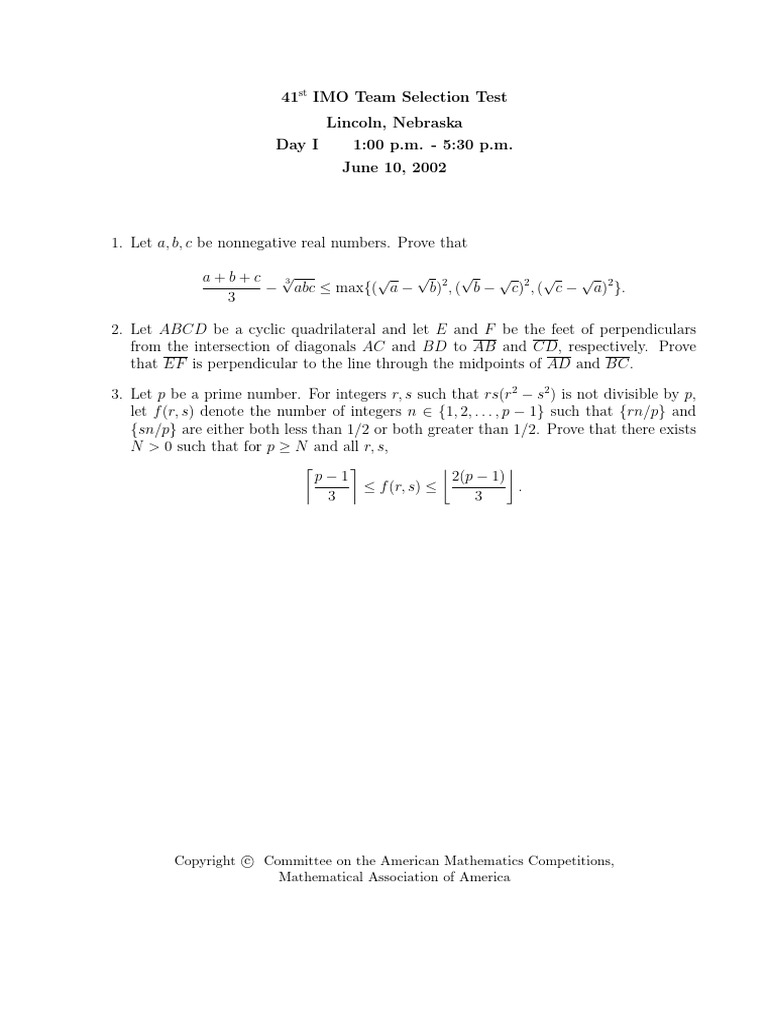41st IMO Team Selection Test Problems | PDF | Triangle | Square Root