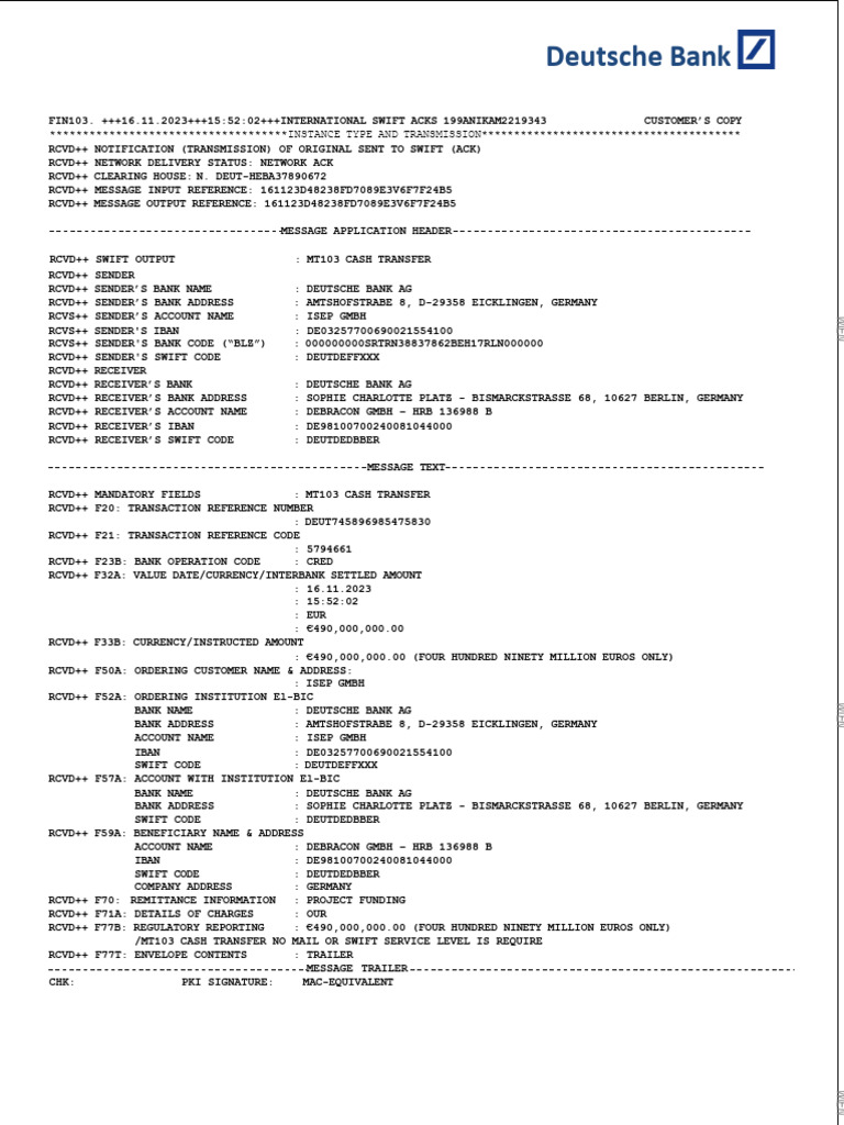MT103 Transfer to Debracon GmbH | PDF | Transmission Control Protocol ...