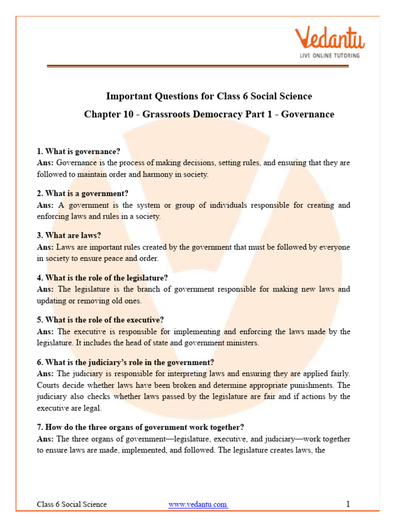 Class 6 Grassroots Democracy Q&A | PDF | Separation Of Powers | Democracy