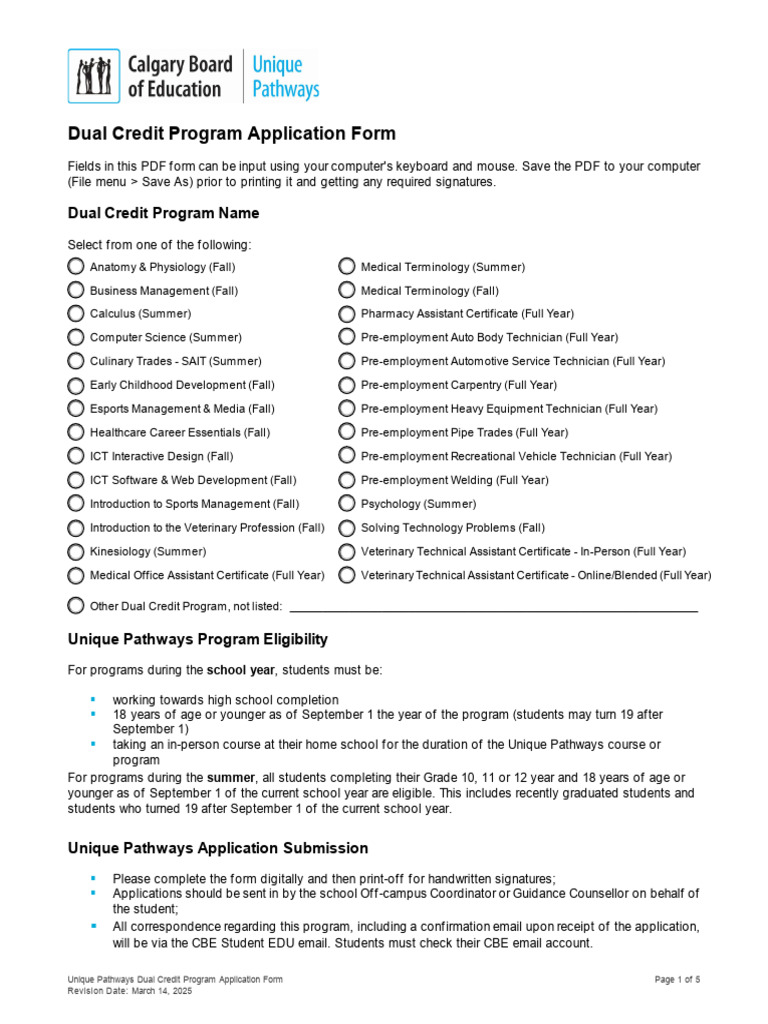 CBE Dual Credit Program Application Form | PDF | Consent