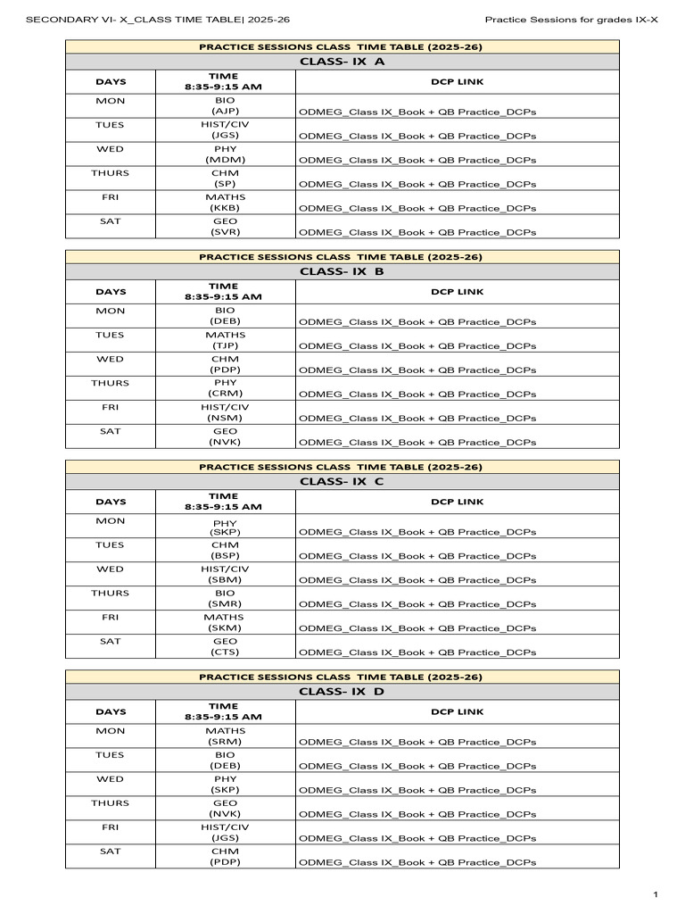 Class IX Practice Timetable 2025-26 | PDF