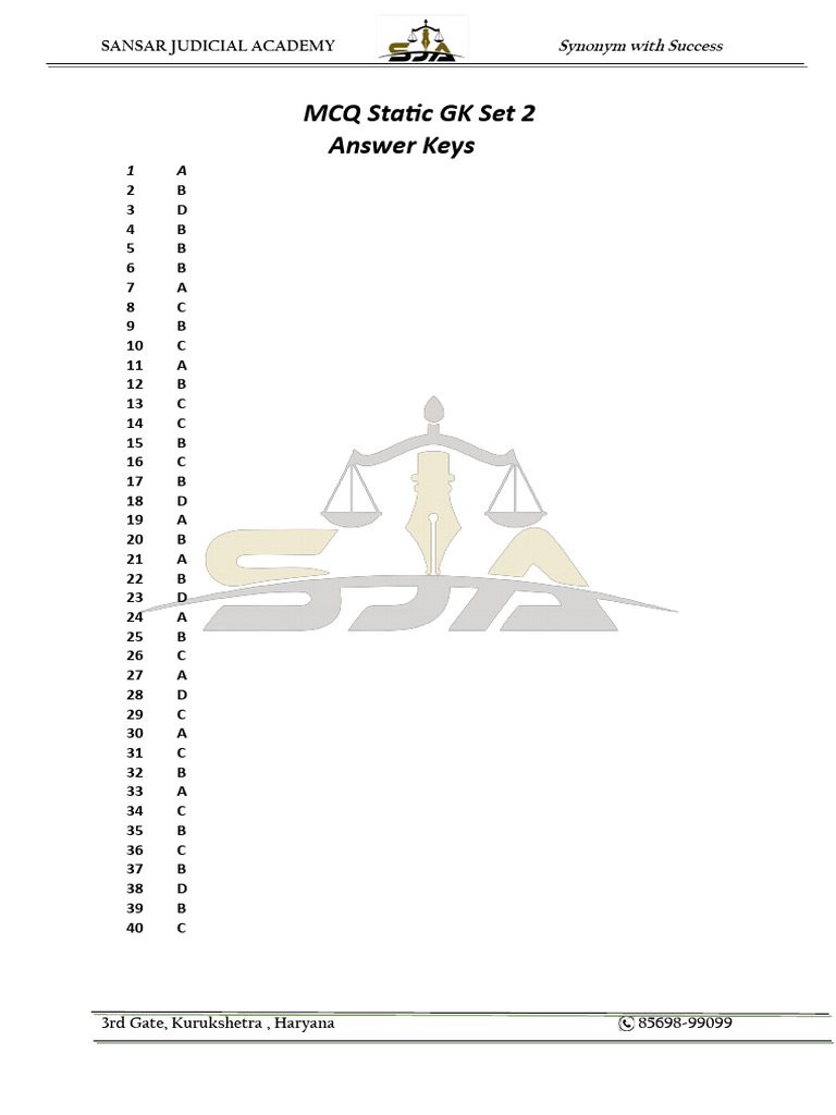 MCQ Static GK Answer Keys Set 2 | PDF