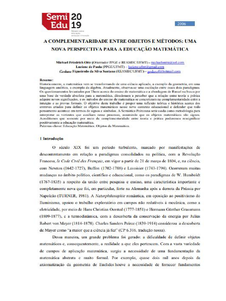 A COMPLEMENTARIDADE ENTRE OBJETOS E MÉTODOS Semiedu2019 | PDF