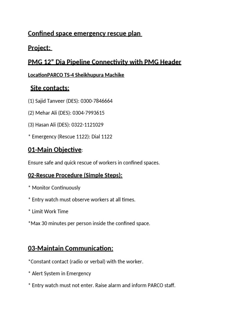 Confined Space Emergency Rescue Plan For Parco | PDF