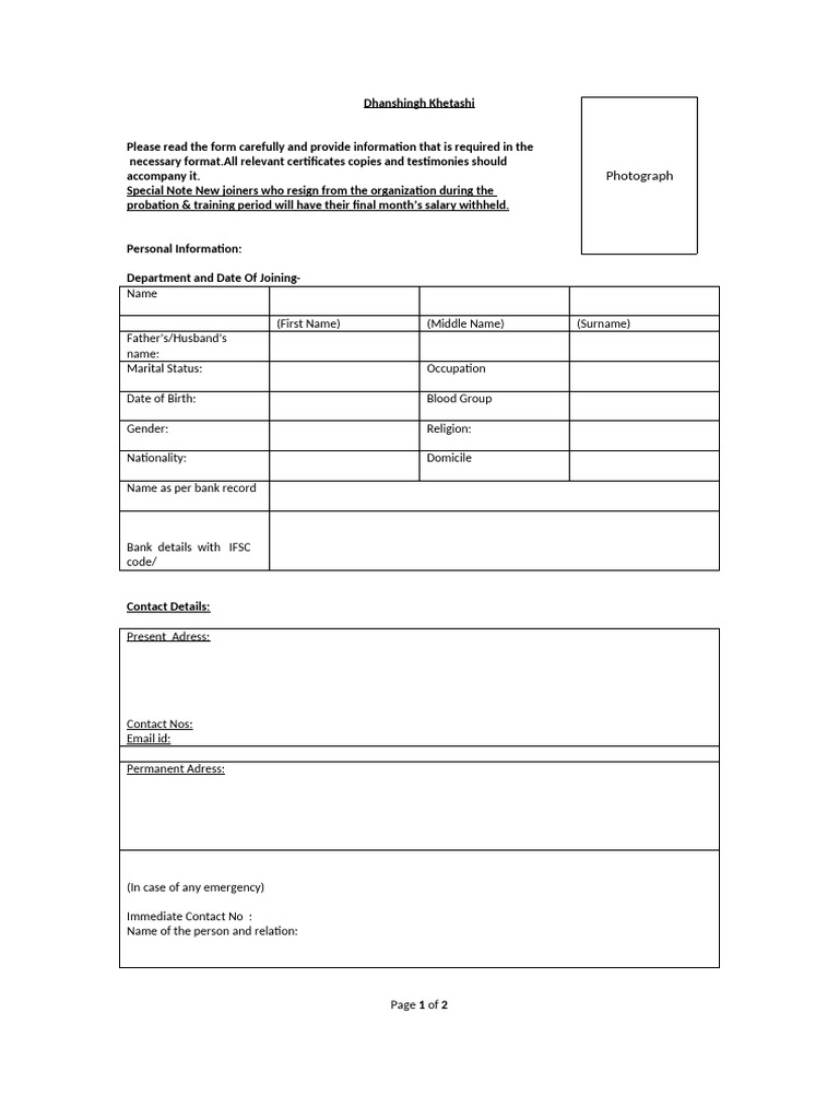 Employee Information Form Template | PDF