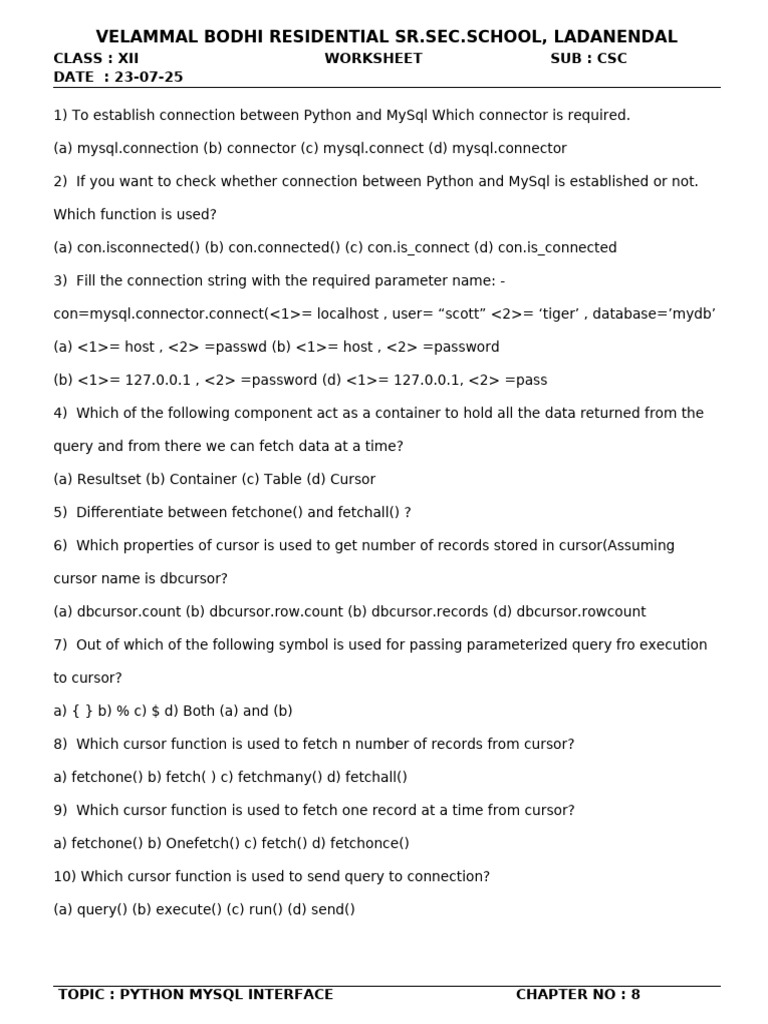 Python MySQL Interface Worksheet | PDF
