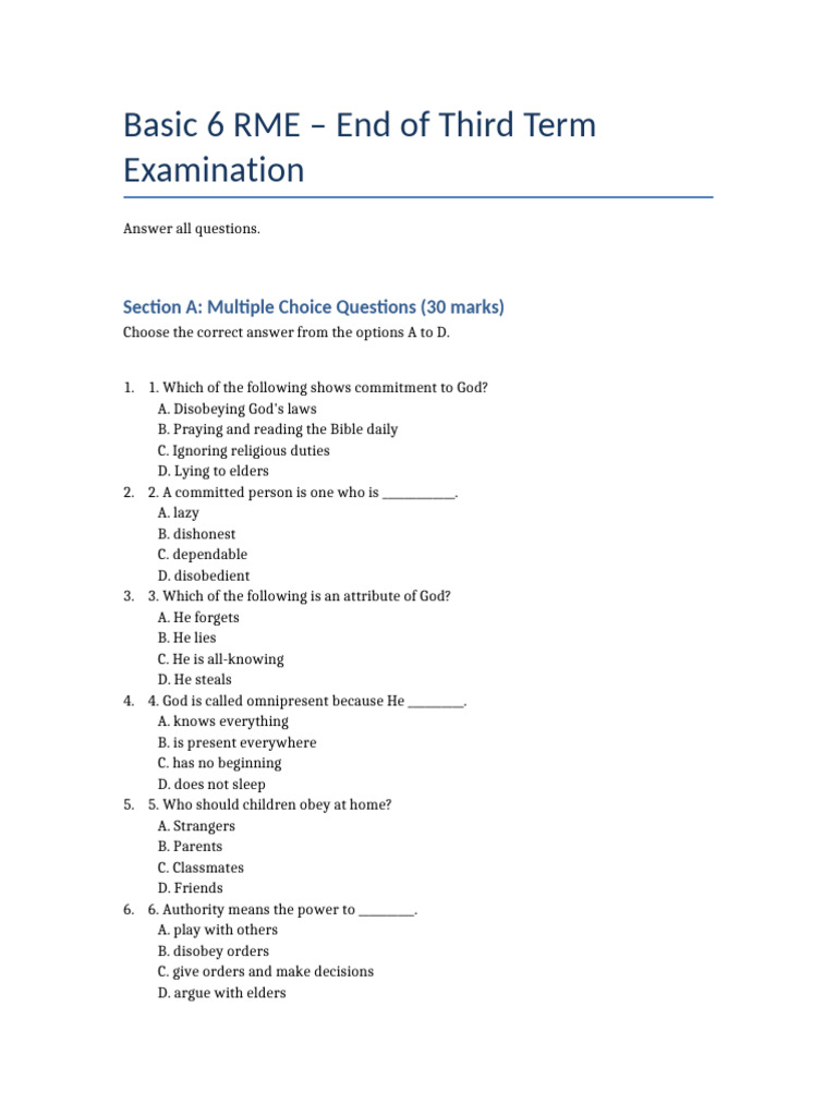 Basic 6 RME Third Term Exam Questions | PDF