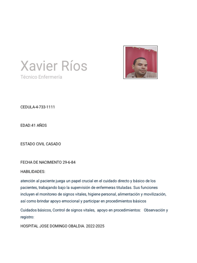 Perfil Profesional de Xavier Ríos en Enfermería | PDF