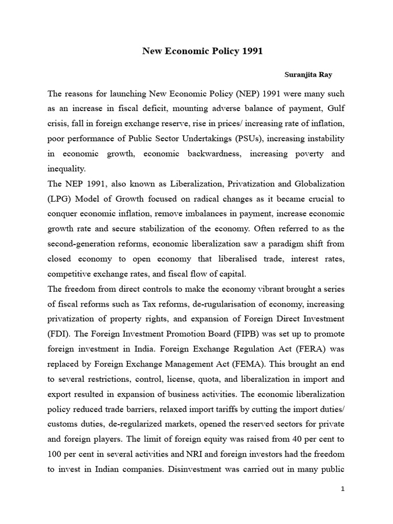 New Economic Policy 1991 | PDF | Foreign Direct Investment | Tariff