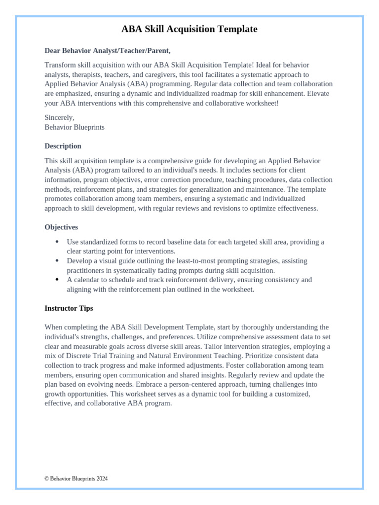ABA Skill Acquisition Program Template | PDF | Psychology | Behavioural ...