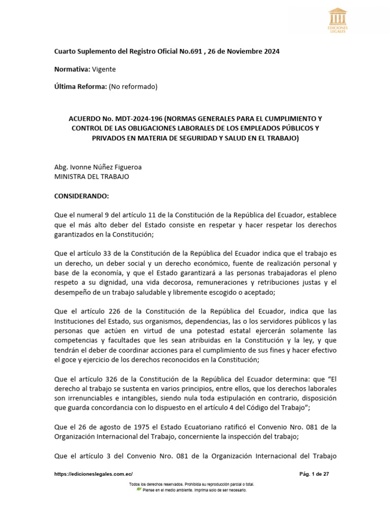 Normas de Seguridad y Salud Laboral en Ecuador | PDF | Derecho laboral ...