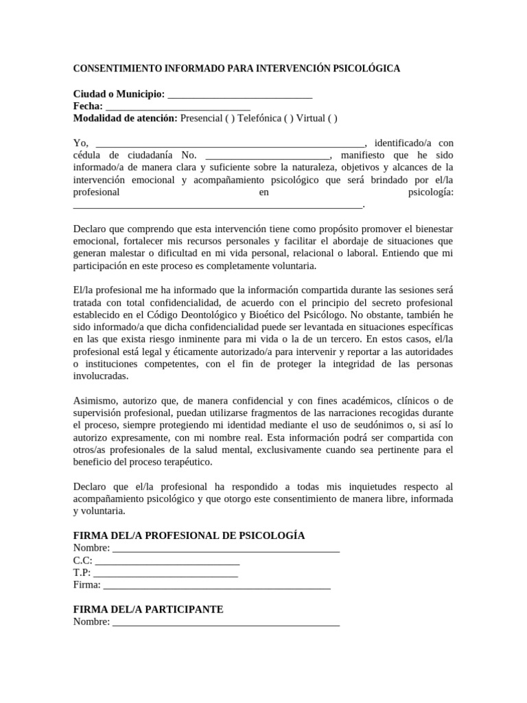 Consentimiento Informado en Psicología | PDF | Sicología ...