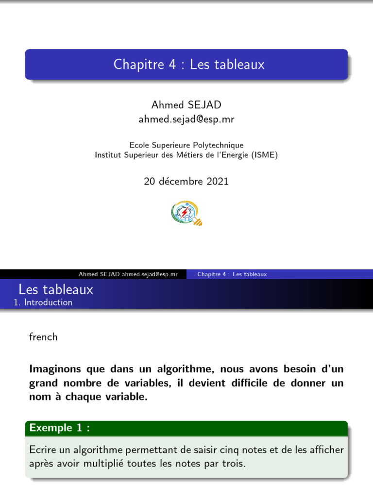Introduction aux tableaux en algorithmique | PDF | Variable ...