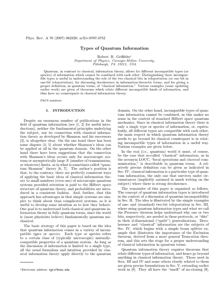 Incompatible Types of Quantum Information | PDF | Hilbert Space ...
