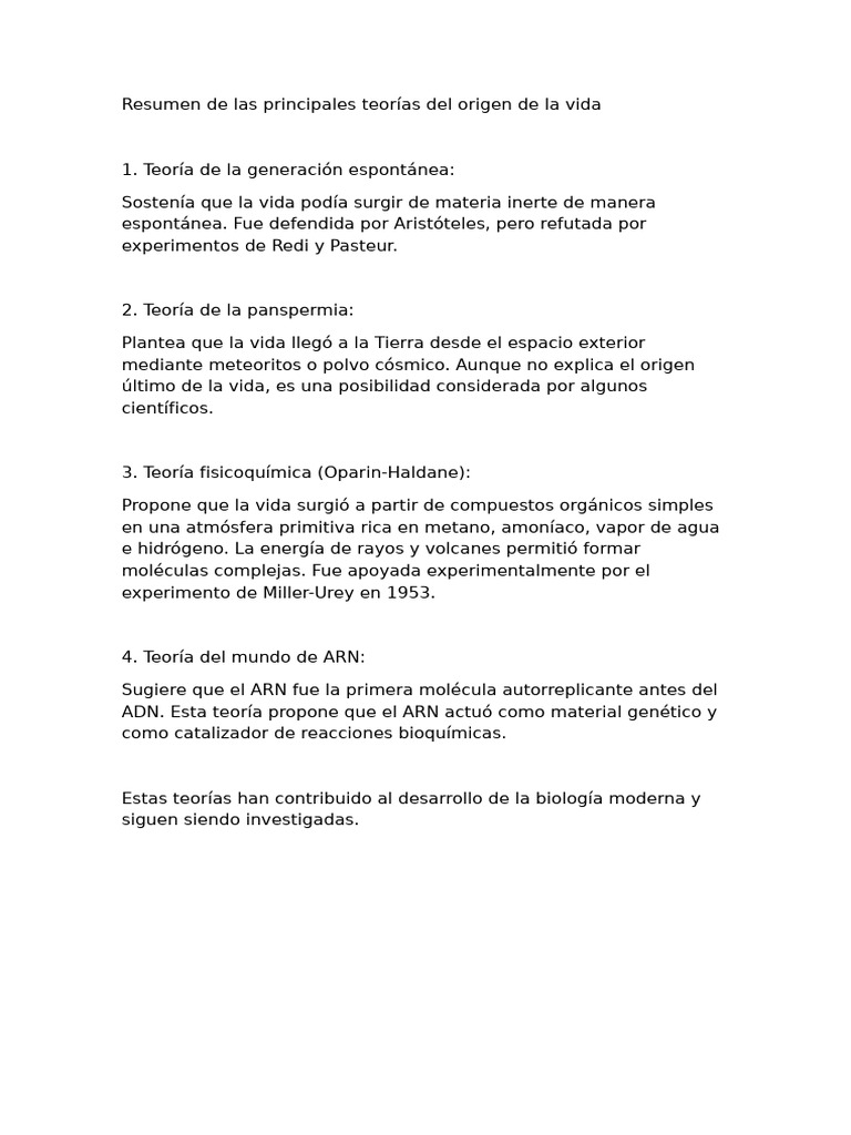 Resumen de Las Principales Teorías Del Origen de La Vida | PDF