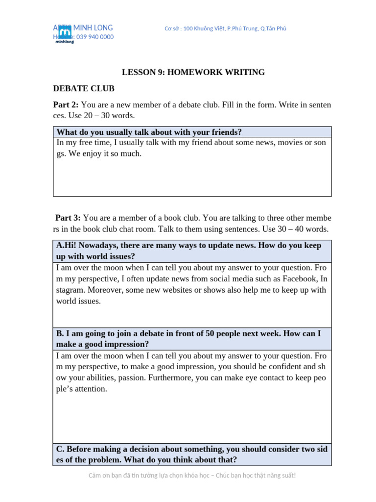 Writing Lesson 9 (HW) | PDF