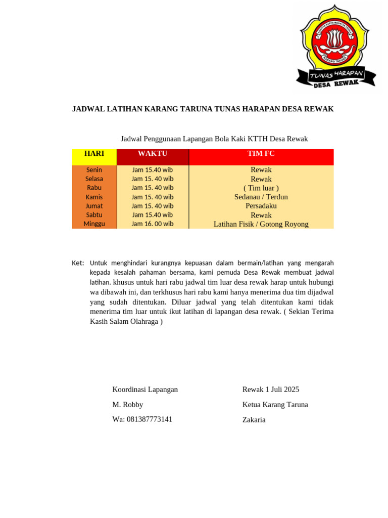 Jadwal Latihan Karang Taruna Tunas Harapan Desa Rewak | PDF