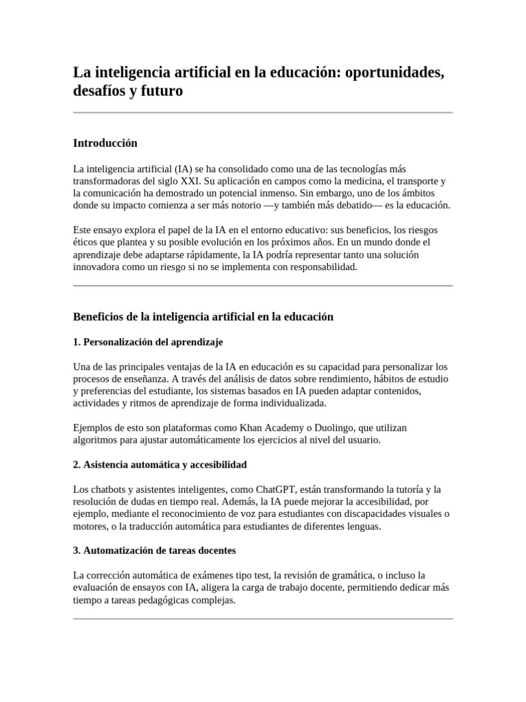 IA en Educación: Beneficios y Desafíos | PDF | Inteligencia artificial ...