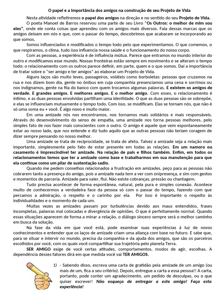 A Importância dos Amigos no Projeto de Vida | PDF | Amizade | Tempo