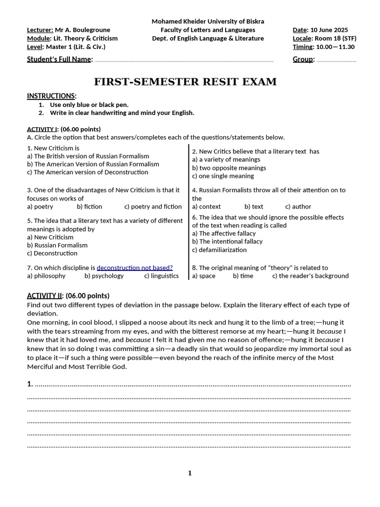 Master Resit Exam: Lit. Theory & Criticism | PDF