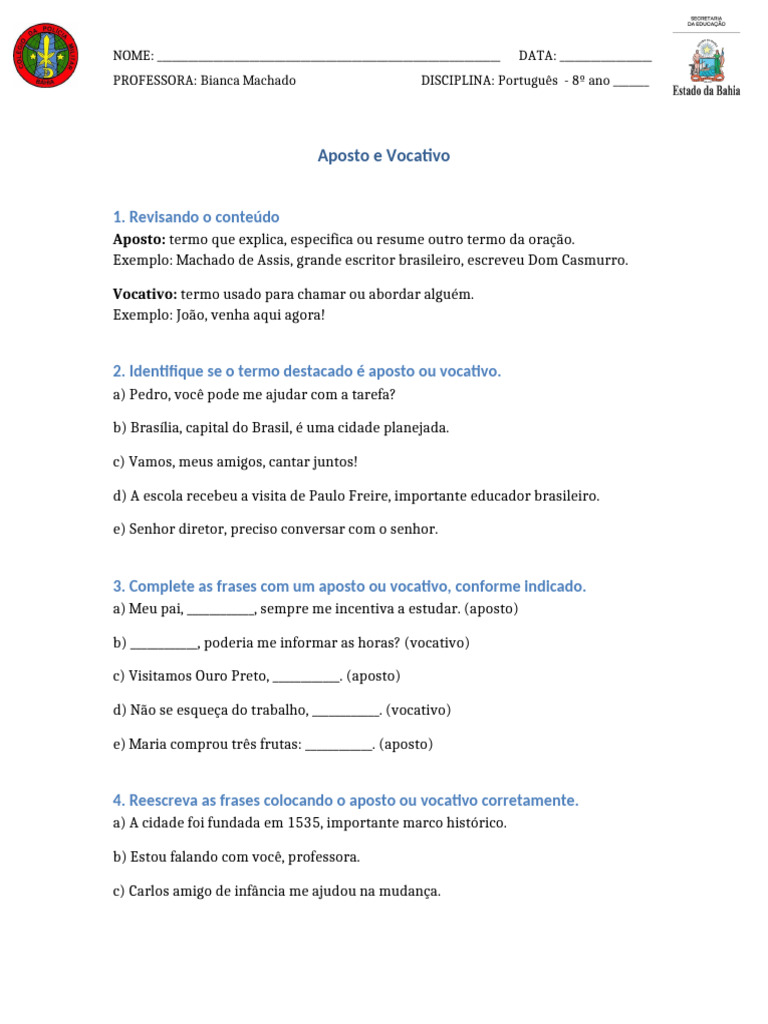 Aposto e Vocativo: Exercícios 8º Ano | PDF