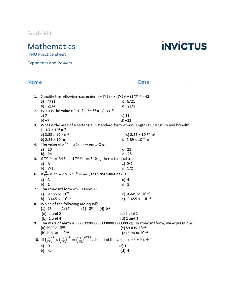 Grade VIII Math: Exponents & Powers Practice | PDF
