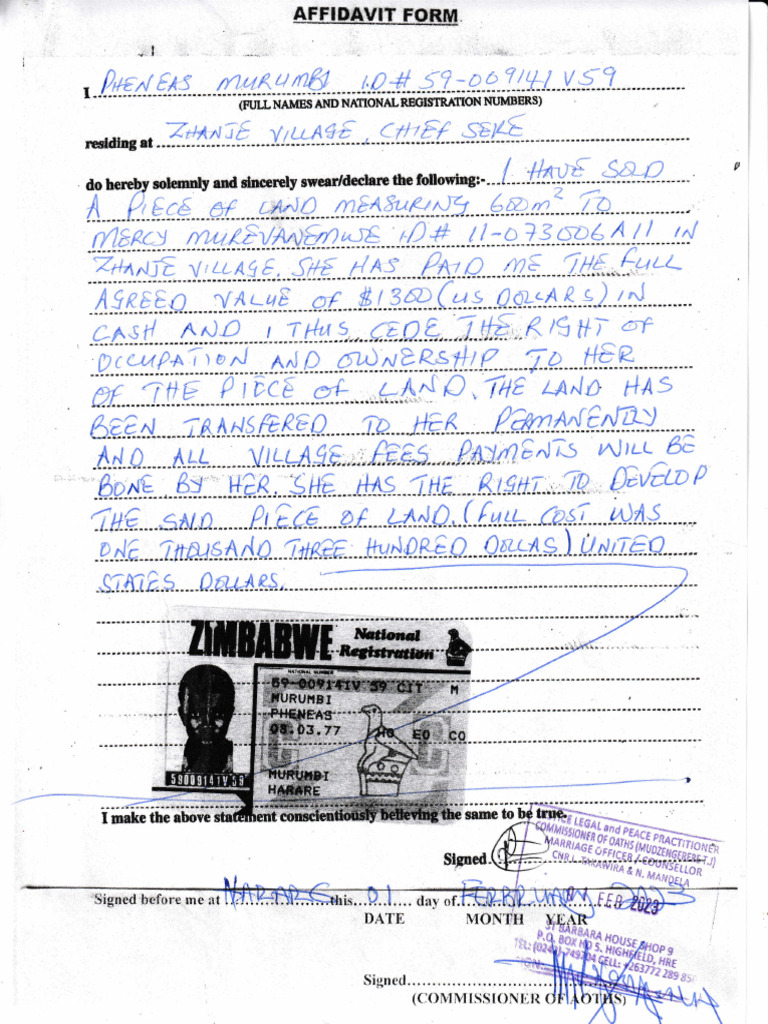 Affidavit Fro Mercy Murevanemwe Agreement of Sale - 20230201 - 0001 | PDF
