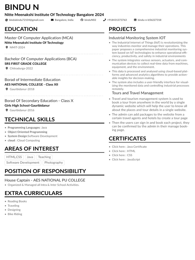 Bindu N Resume | PDF | Internet Of Things | Computer Programming