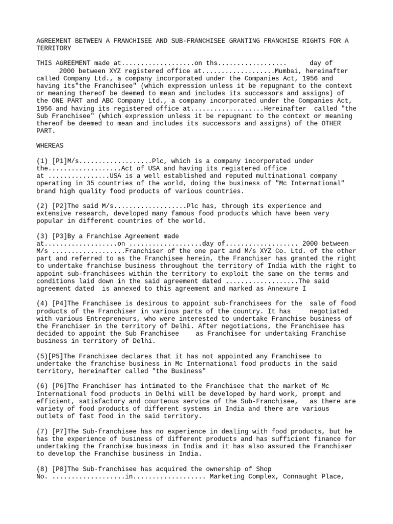 Agreement Between A Franchisee and Sub Franchisee Granting Franchise ...