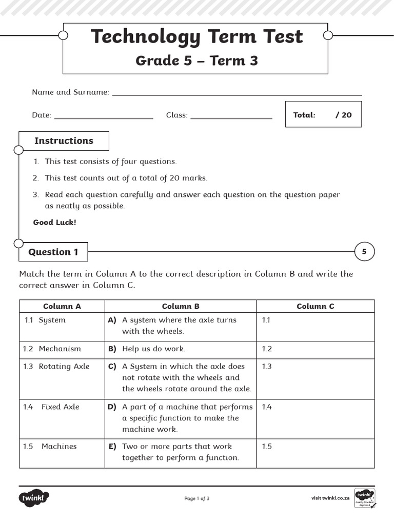 Grade 5 Technology Term Test: Wheels & Axles | PDF | Wheel | Machines