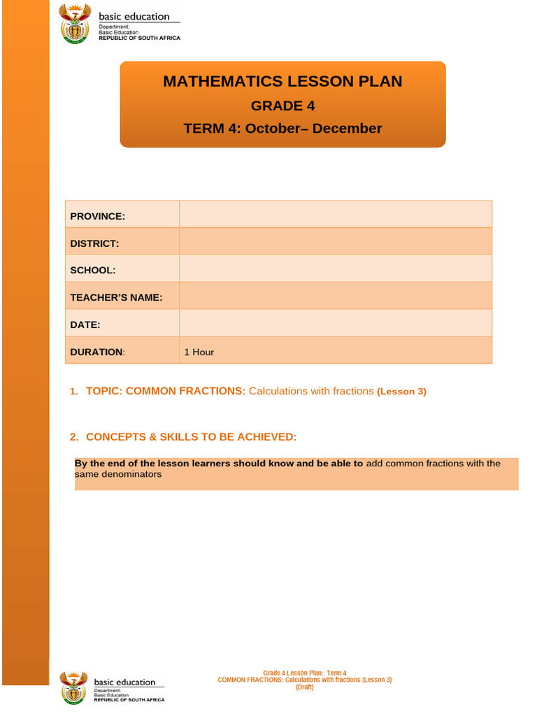 Grade 4 Term 4 Common Fractions Lesson 3 Pdf Lesson Plan Homework