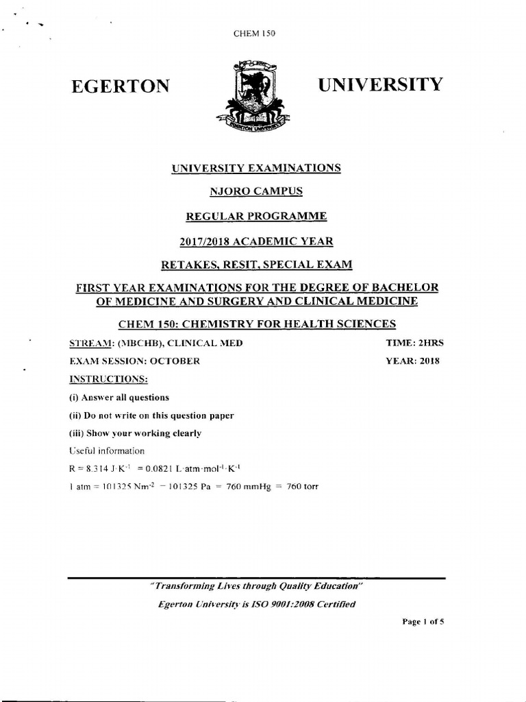 CHEM 150 Chemistry For Health Sciences (October 2018) | PDF