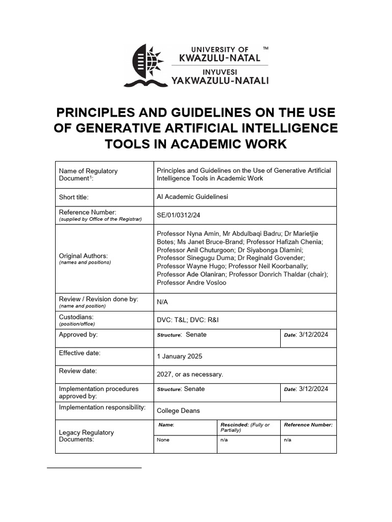 UKZN Guidelines for Generative AI Use | PDF | Artificial Intelligence ...