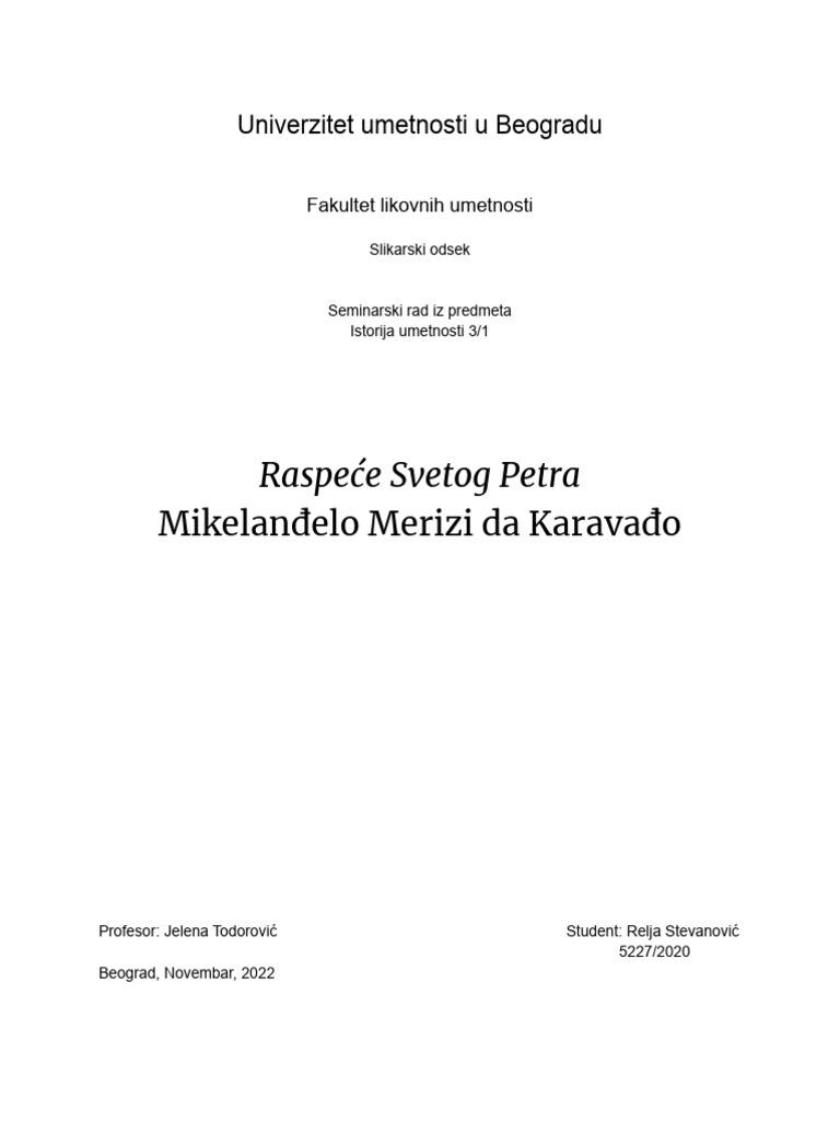 Analiza Rada Raspece Svetog Petra, Karavađo Relja Stevanović | PDF