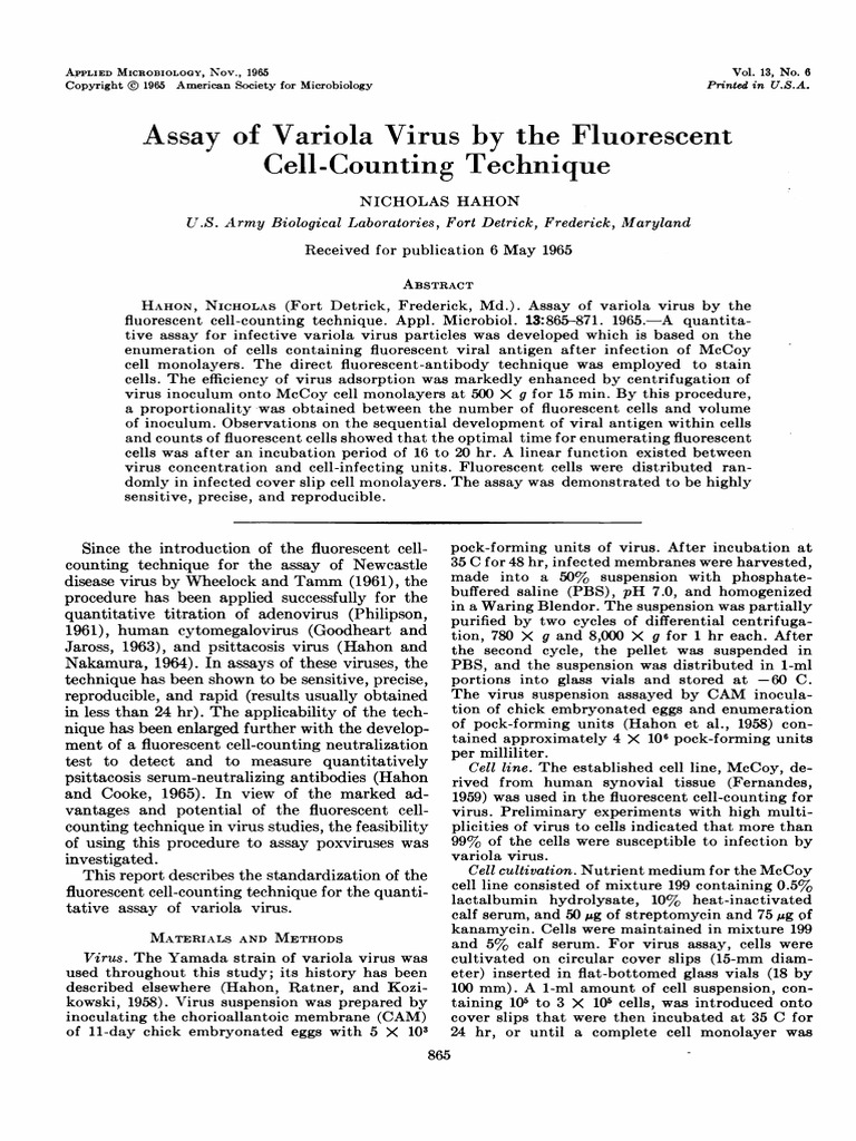 Assay of Variola Virus by The Fluorescent Cell-Counting Technique 1965 ...